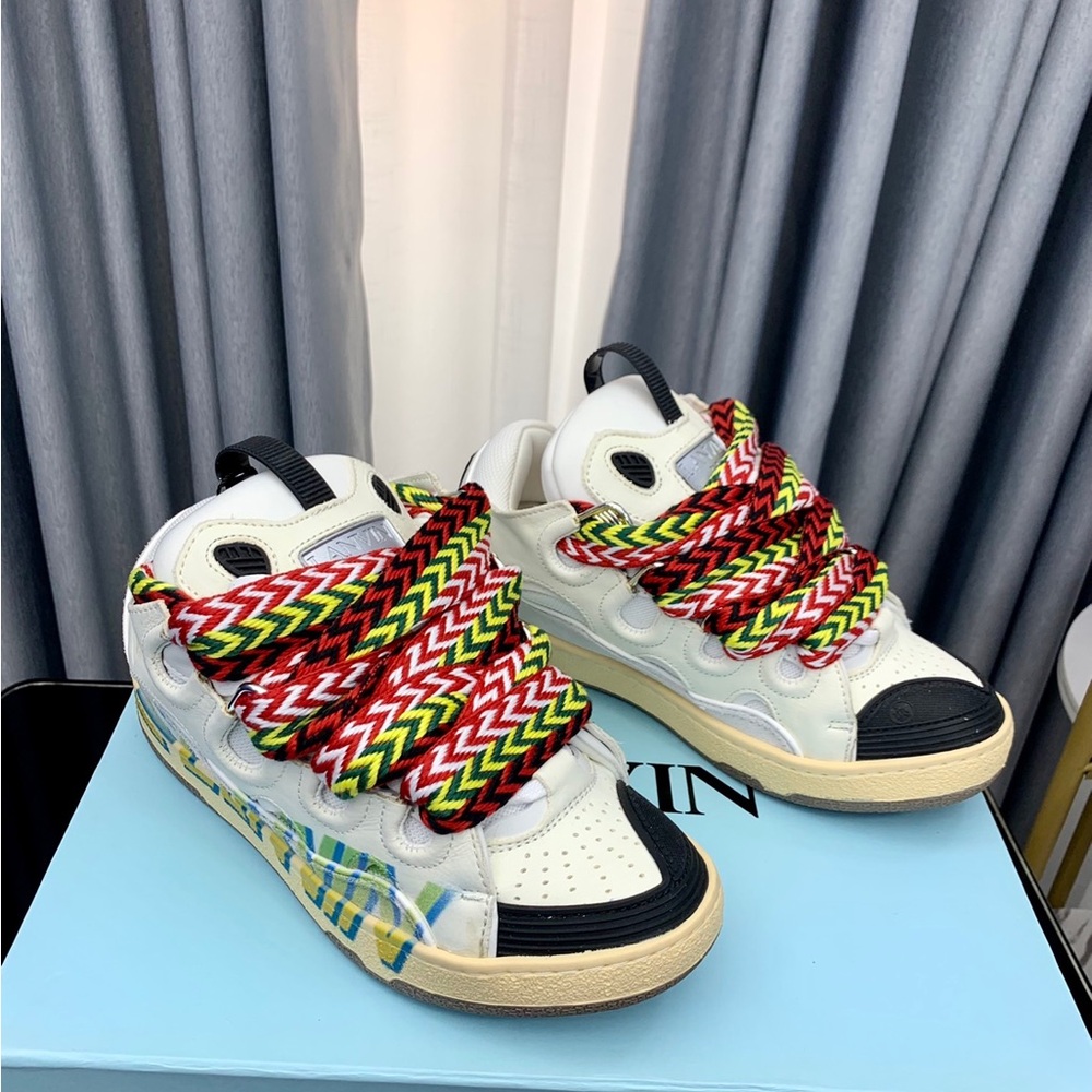 Lanvin Kids White Sneakers with Black Toe and Multicolor Braided Laces - Picture 4 of 9
